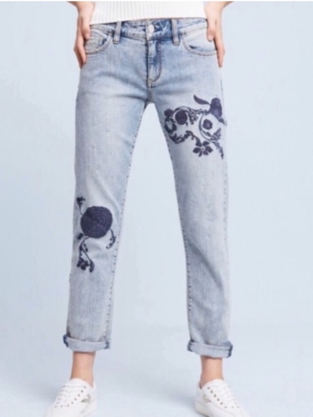 Pilcro and the Letterpress Blue Floral Embroidered Straight-Leg Jeans Size 31